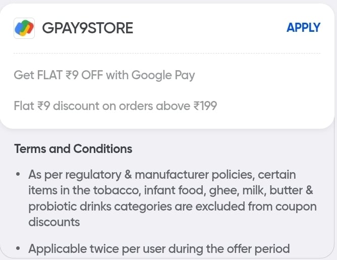 Swiggy Instamart- Rs 9 off on 199 using Google pay upi payment