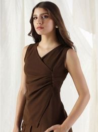 SZN Women V-Neck Solid Sleeveless Wrap Draped Top