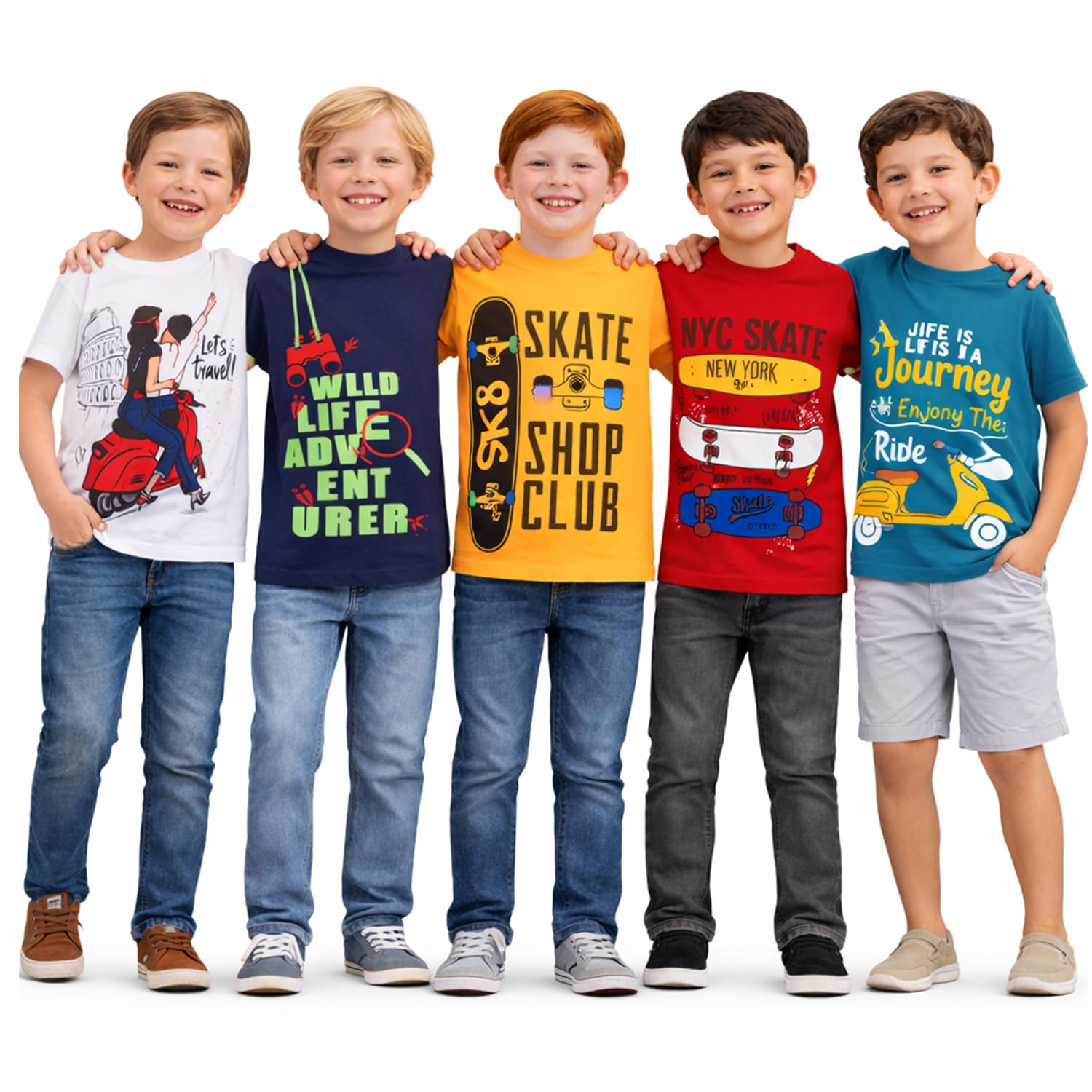 T2F Boys Cotton Regular fit T-Shirts Pack of 5 |Soft Cotton Breathable Fabric | Half Sleeve Round Neck | Casual Wear Com