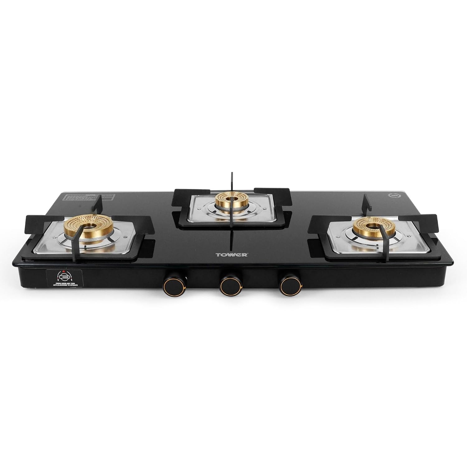 Tower Gas Stove 3 Burner 8mm Toughened Glass Brass Valves Lpg Black