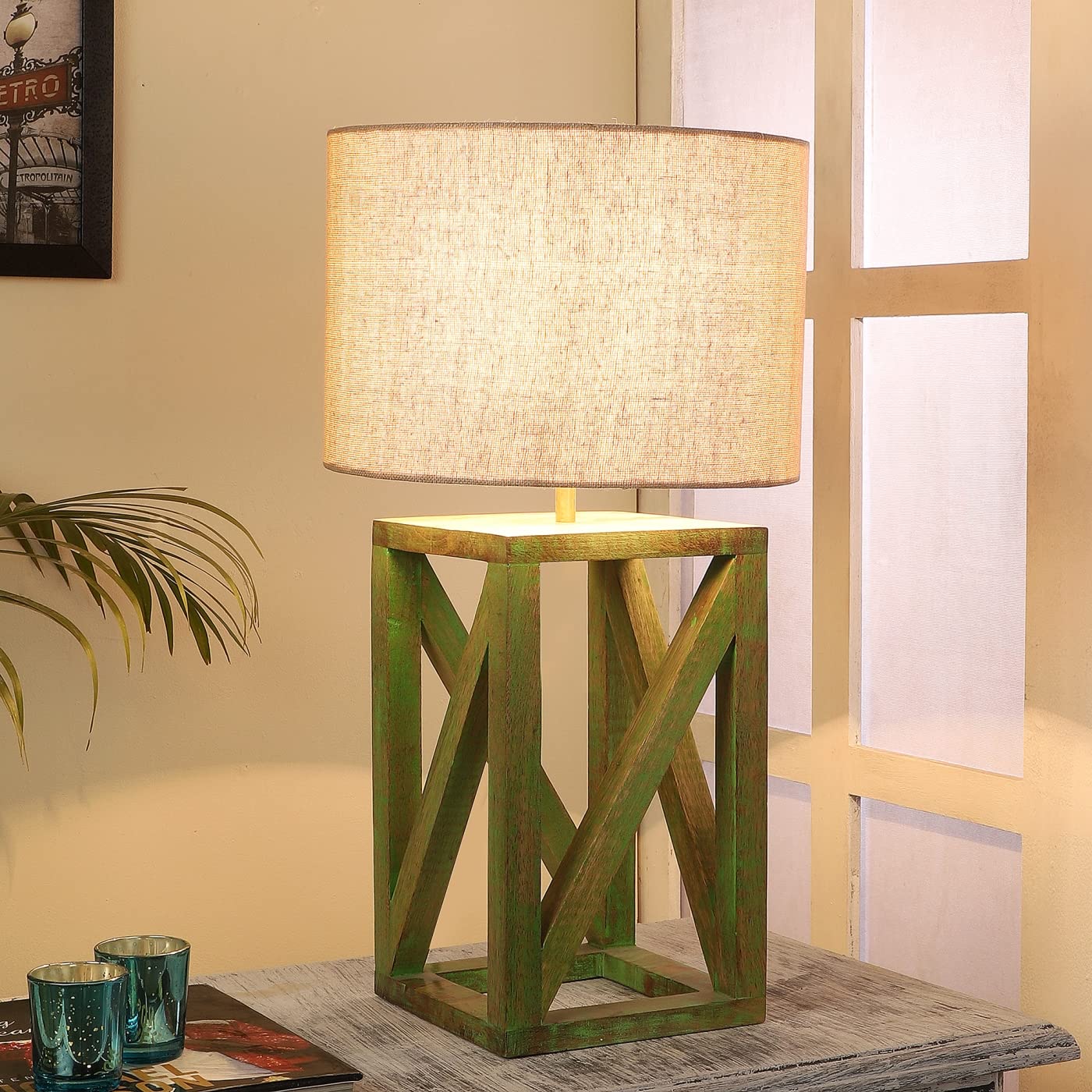 tu casa Handcrafted Mango Wood Table Lamp with Pleated Off-White Cotton Fabric Shade | Elegant Bedside Night Lamp for Be