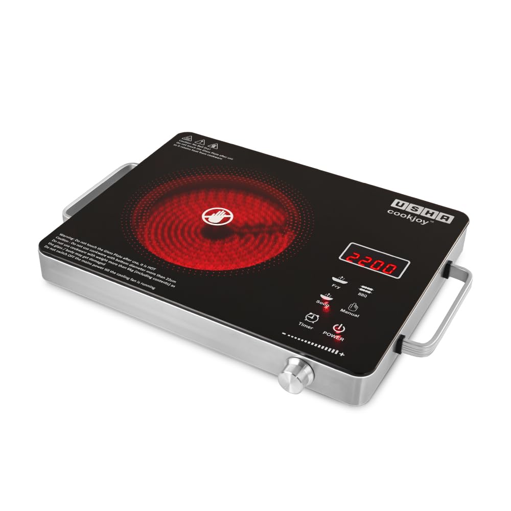 USHA IR2200TCB Infrared Induction Cooktop with grill | 2200 Watts | 11 Power Level | 4 Preset Menu | Feather Touch Contr