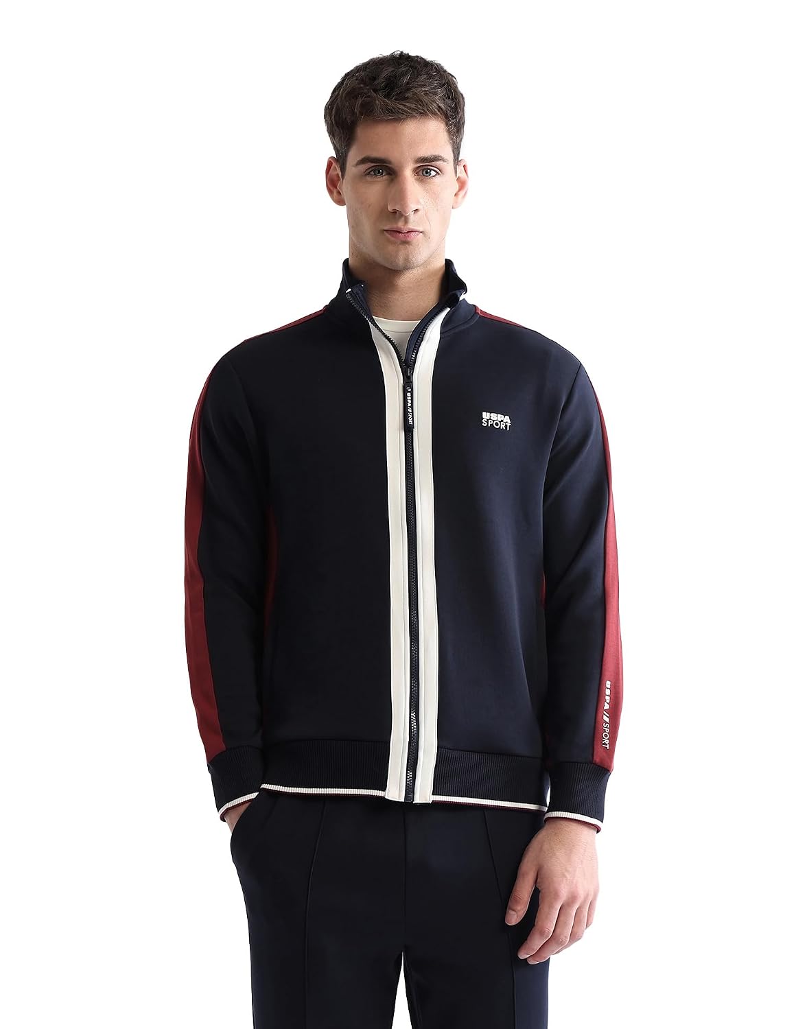 USPA Active Sports Men's Navy Blue Slim Fit Long Sleeve Sweatshirt made of 80% cotton