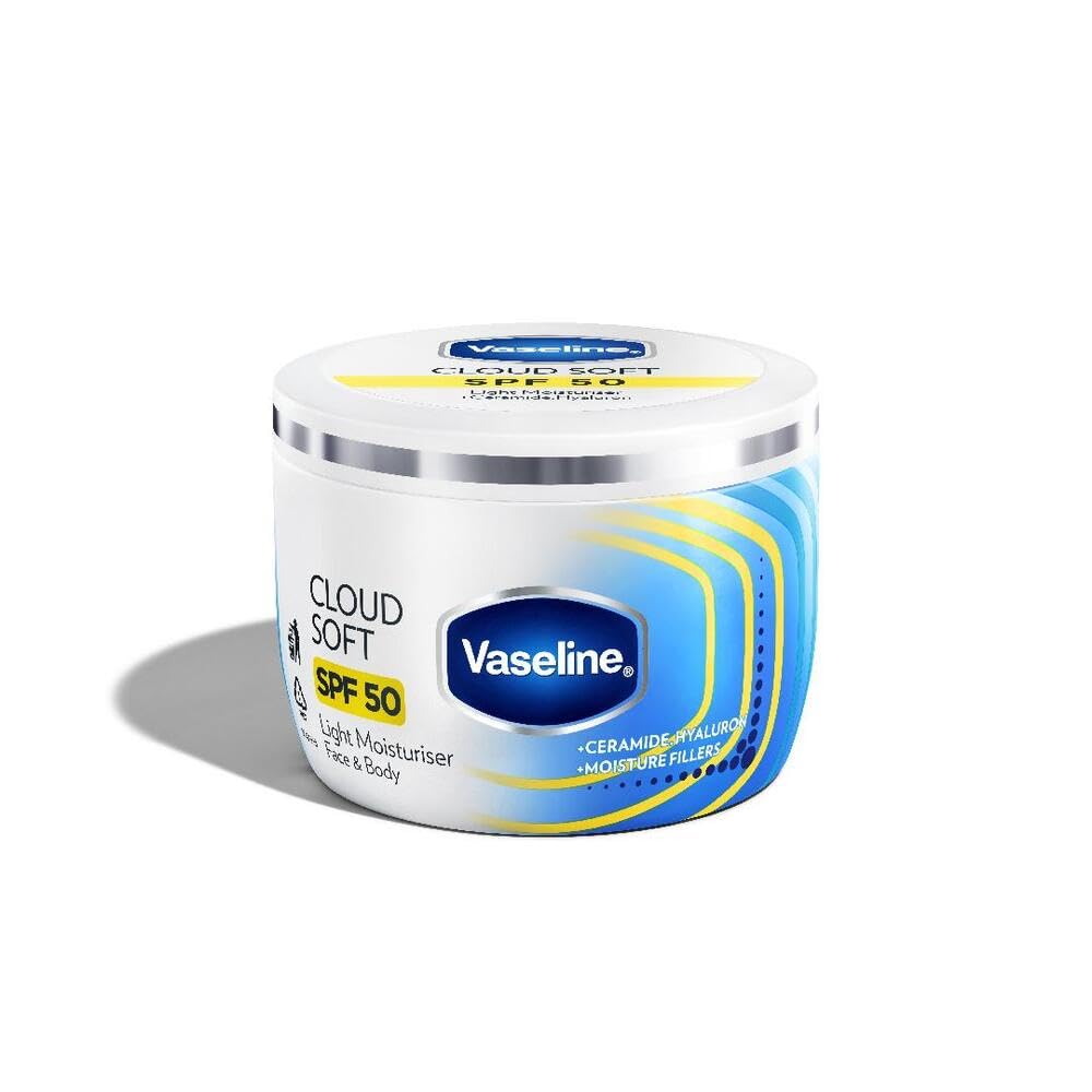 VASELINE Cloud Soft SPF 50 PA ++++ Light Moisturiser, 200 ml, for Soft and Bouncy Skin, with Ceramides & Hyaluron Moistu