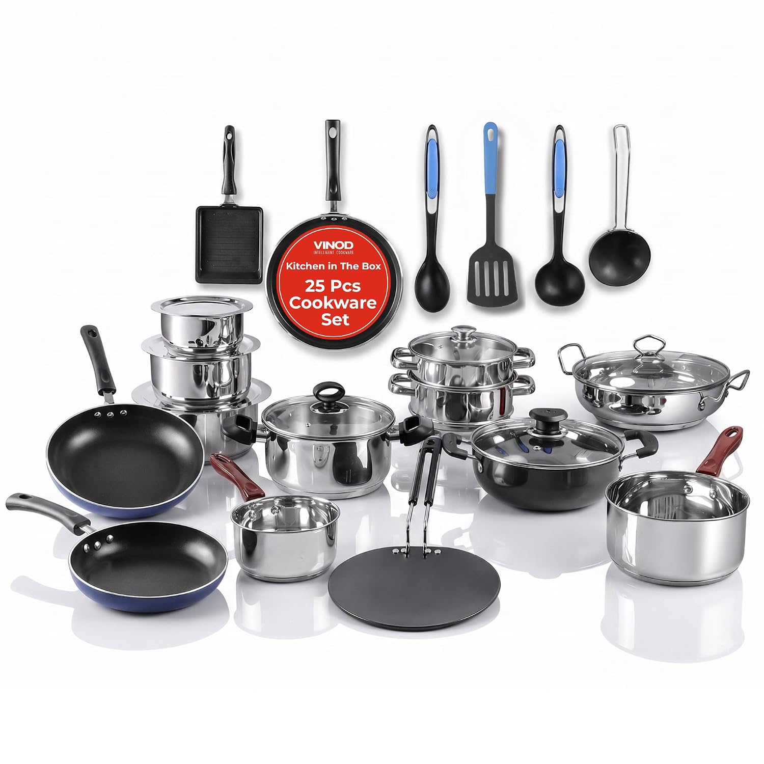 Vinod Kitchen in The Box 25-Piece Stainless Steel Cookware Combo Set | Induction & Gas Stove Friendly