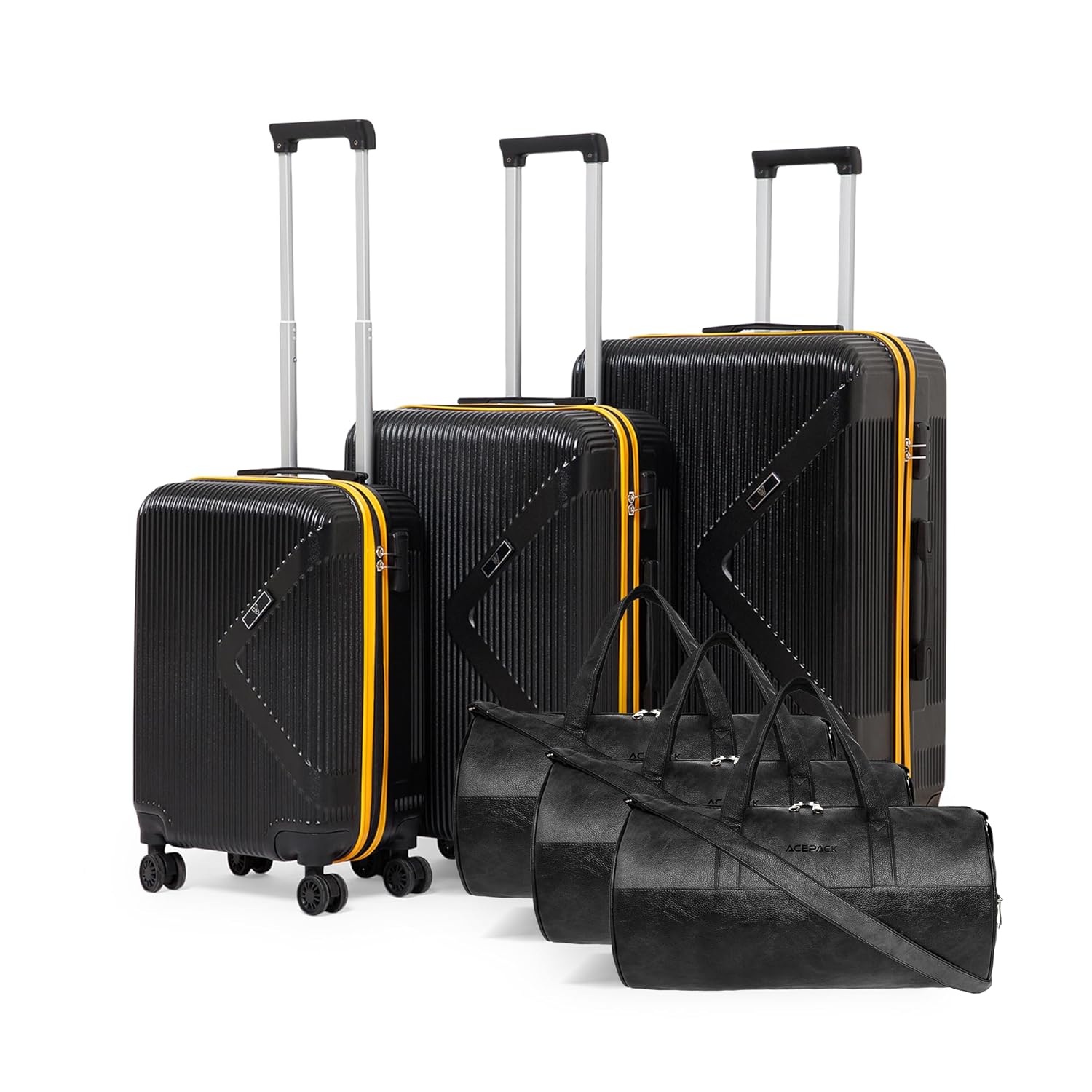 VLITE Brampton 6-Piece Family Set - 3 Duffle Bags + 3 Trolley Suitcases, (Set of 6 with Duffels, Black)