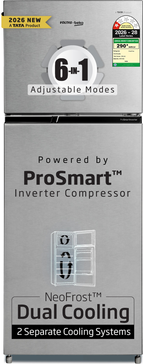 Voltas Beko 320 L Frost Free Double Door 2026 1 Star Refrigerator (Hairline Silver, RFF370D / 1WPV100RXIO)
