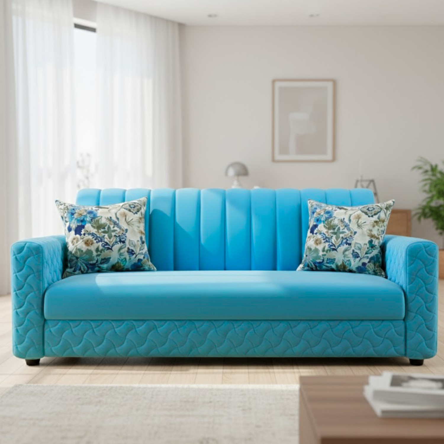 WAKESURE Premium Quality Velvet Fabric 3 Seater Sofa (Finish Col