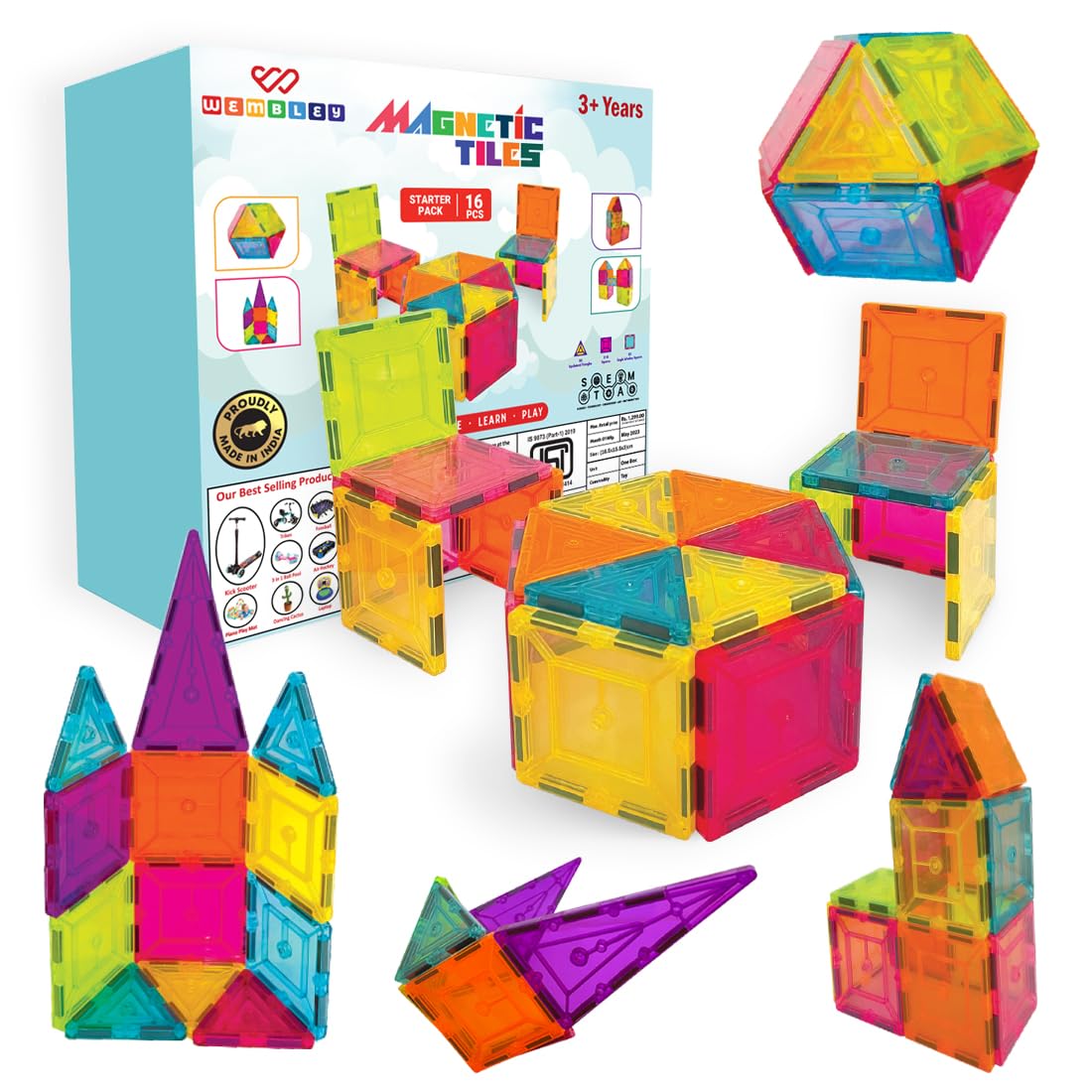 Wembley Magnetic Tiles for Kids|Magnetic Building Blocks for Kids 3 4 5 6 7 8 Yrs|Constructing&Creative Learning Educati