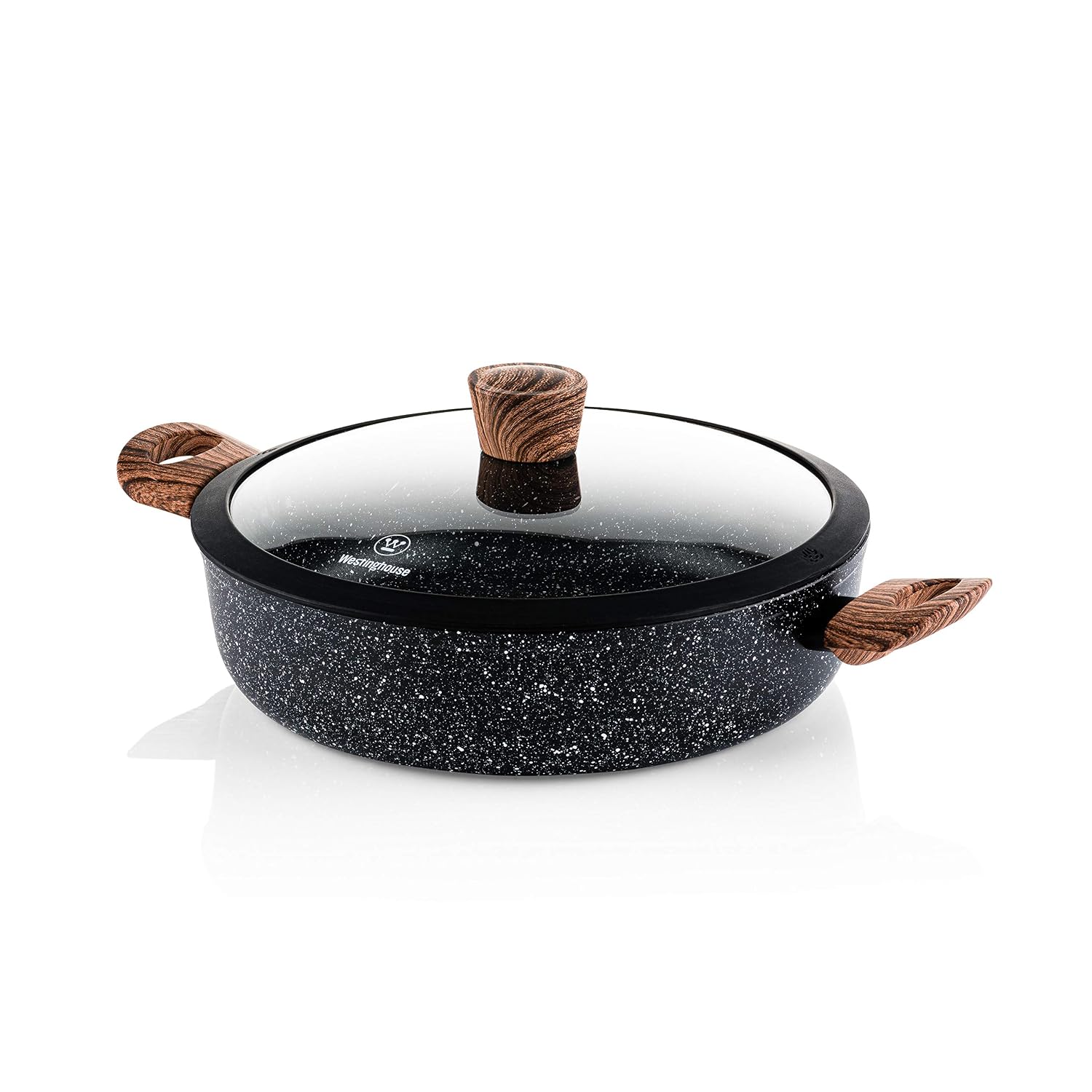 Westinghouse Black Marble Wooden Series 3-Layer Non-Stick Low Casserole | Forged Aluminium + Glass Lid, Induction & Dish