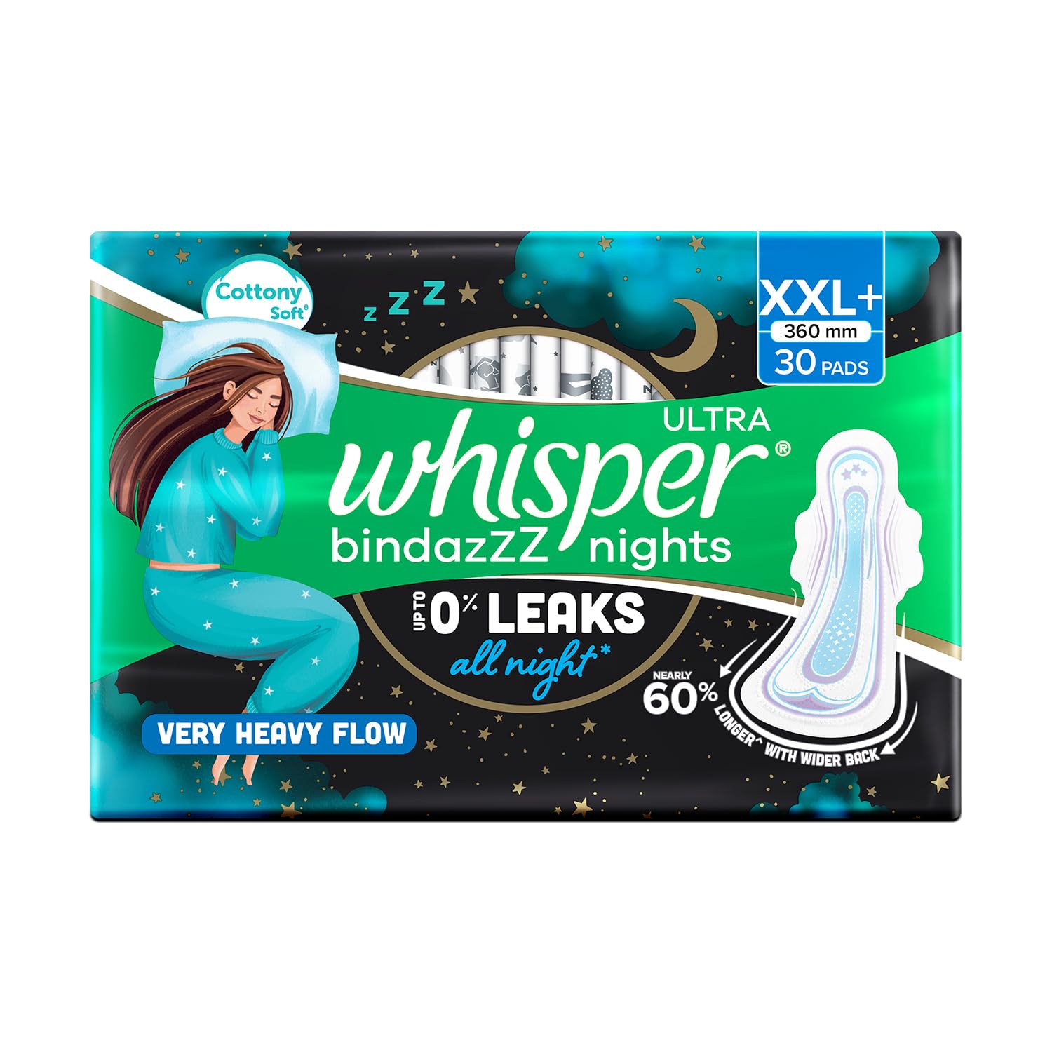 Whisper Bindazzz Nights 30 XXL+ Sanitary Pads, Up to 0% Leaks All Night Long, For Very Heavy Flow, Nearly 60% Longer with