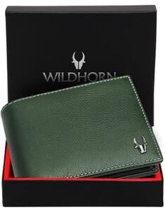 Wild horn Men Casual Green Genuine Leather RFID Wallet on F