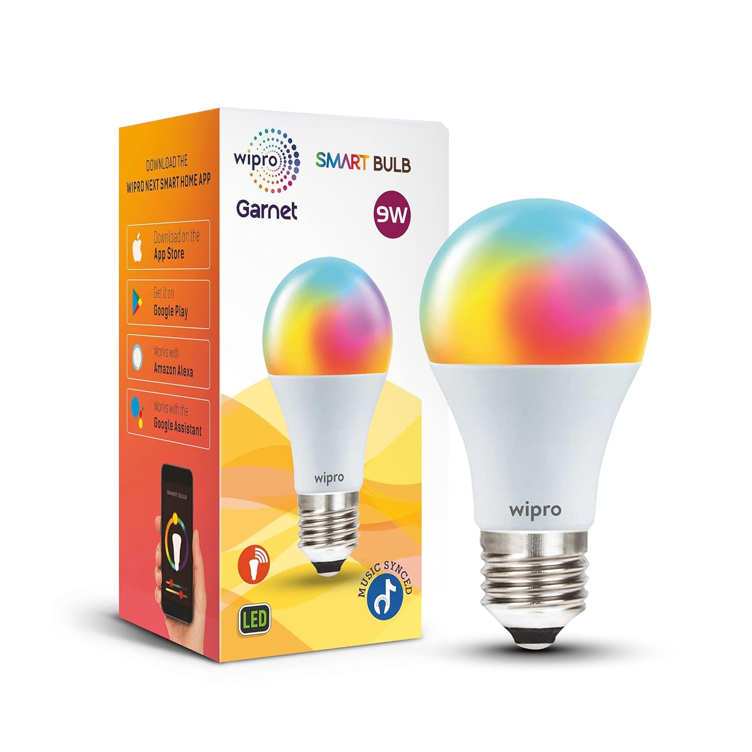 wipro 9-Watt E27 WiFi Smart LED Bulb with Music Sync (16 Million Colours + Warm White/Neutral White/White) (Compatible w