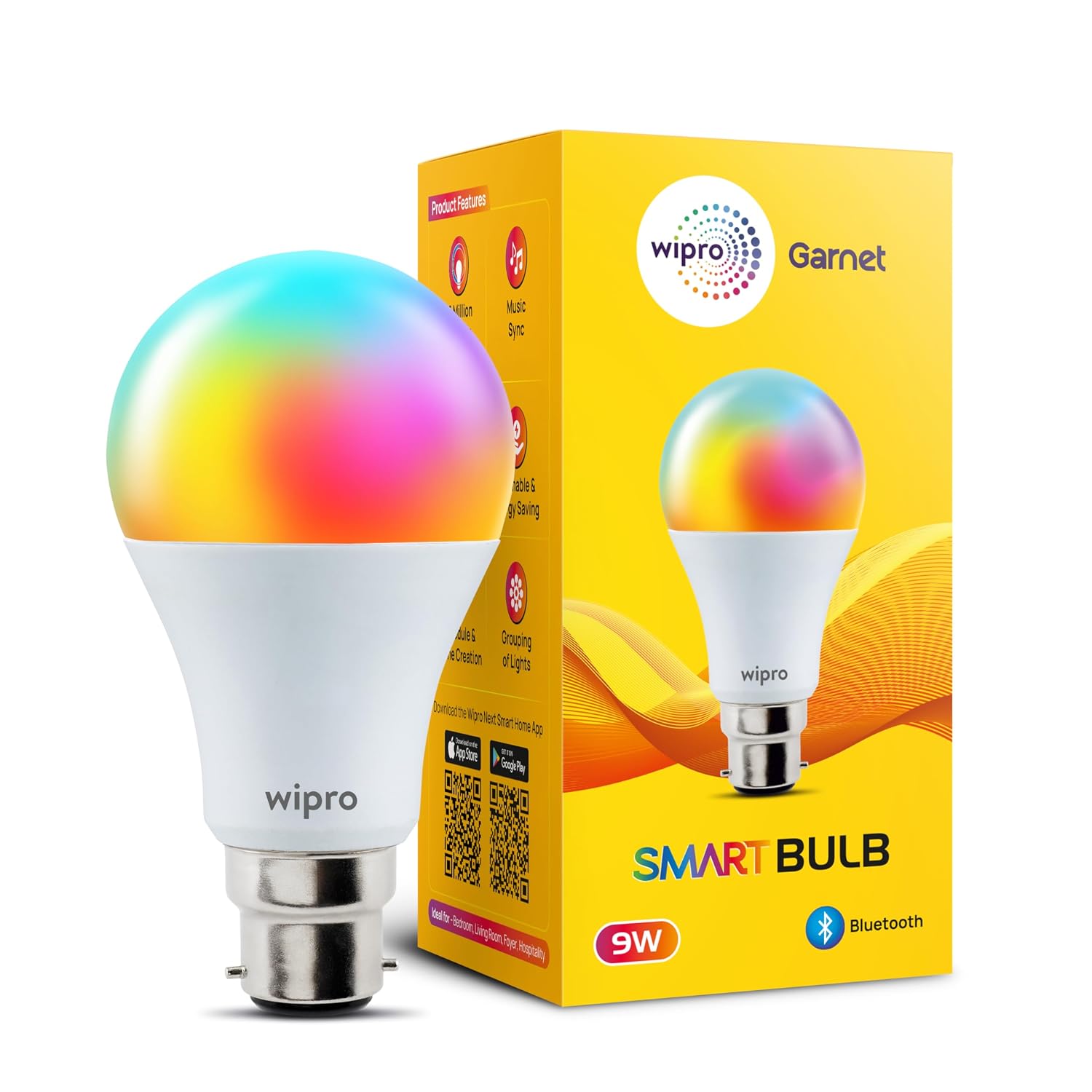 wipro 9W Bluetooth Enabled Smart Bulb B22 | 16 million Colours | White Tunable (Warm, Neutral & Cool White) | Dimmable