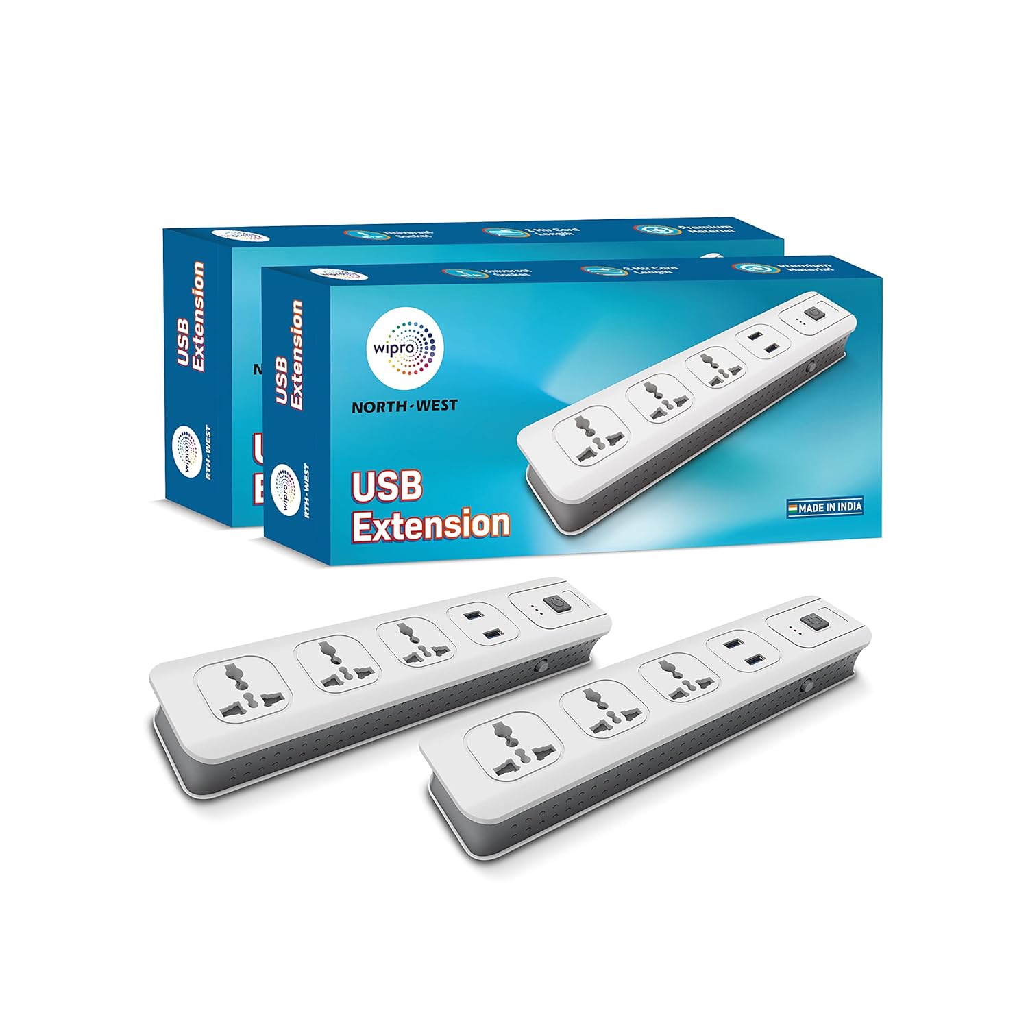 Wipro USB Extension Cord with 2 mtr Cord Length | 3 Universal Socket and 2 USB Port Spike Guard | Child Safety | Auto Cu