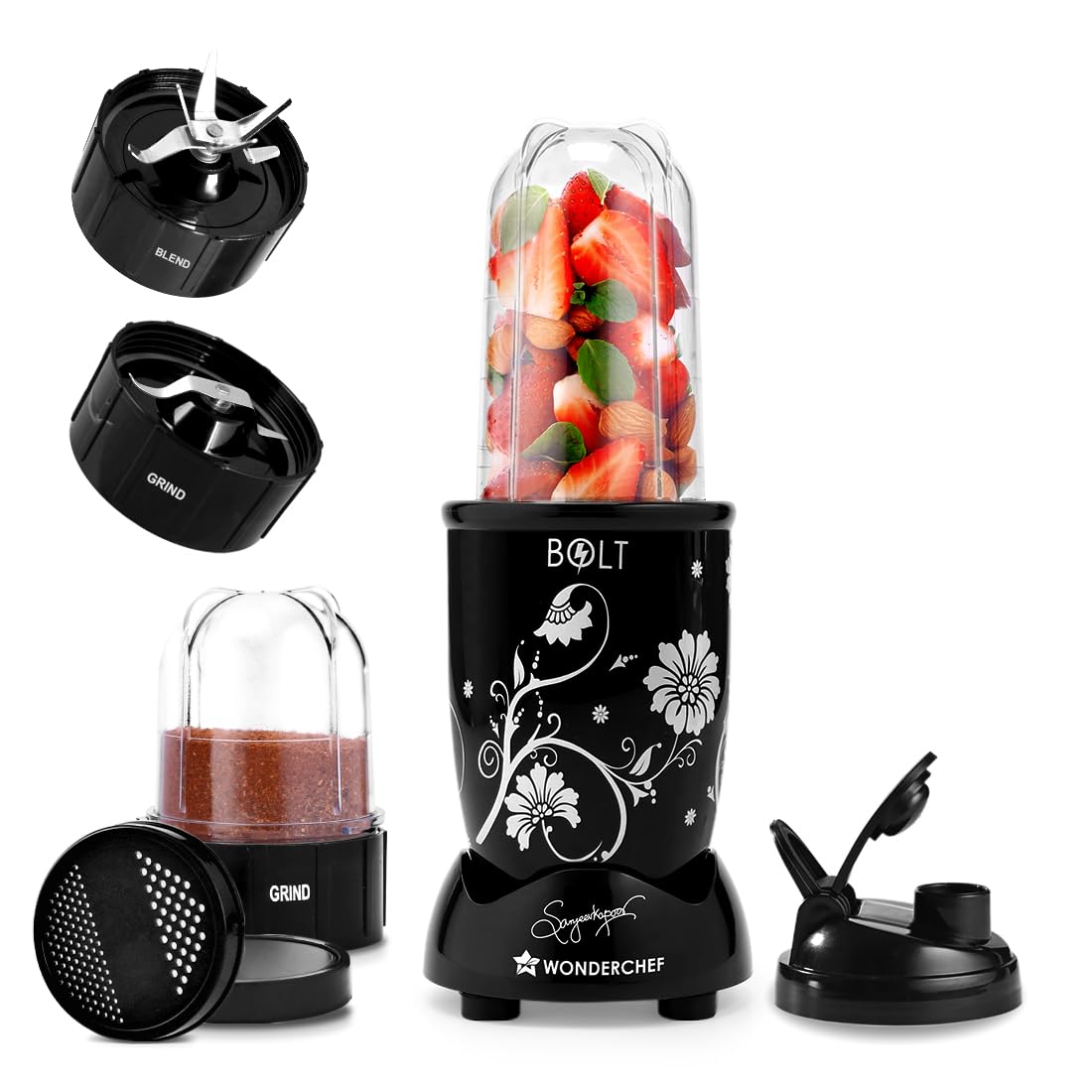 Wonderchef Nutri-blend BOLT 600W 22000 RPM Mixer Grinder Blender (Black) - 2 Unbreakable Jars with Sipper Lid & Full Cop