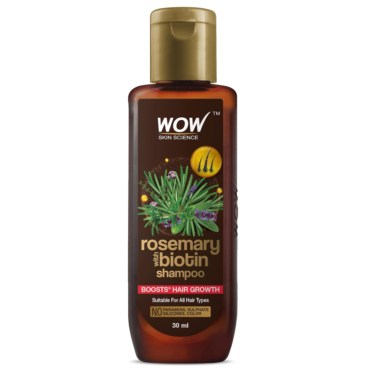 WOW Skin Science Rosemary & Biotin Hair Growth Shampoo | Prevents Breakage & Split Ends | Adds Shine to Dull Hairs | 30m