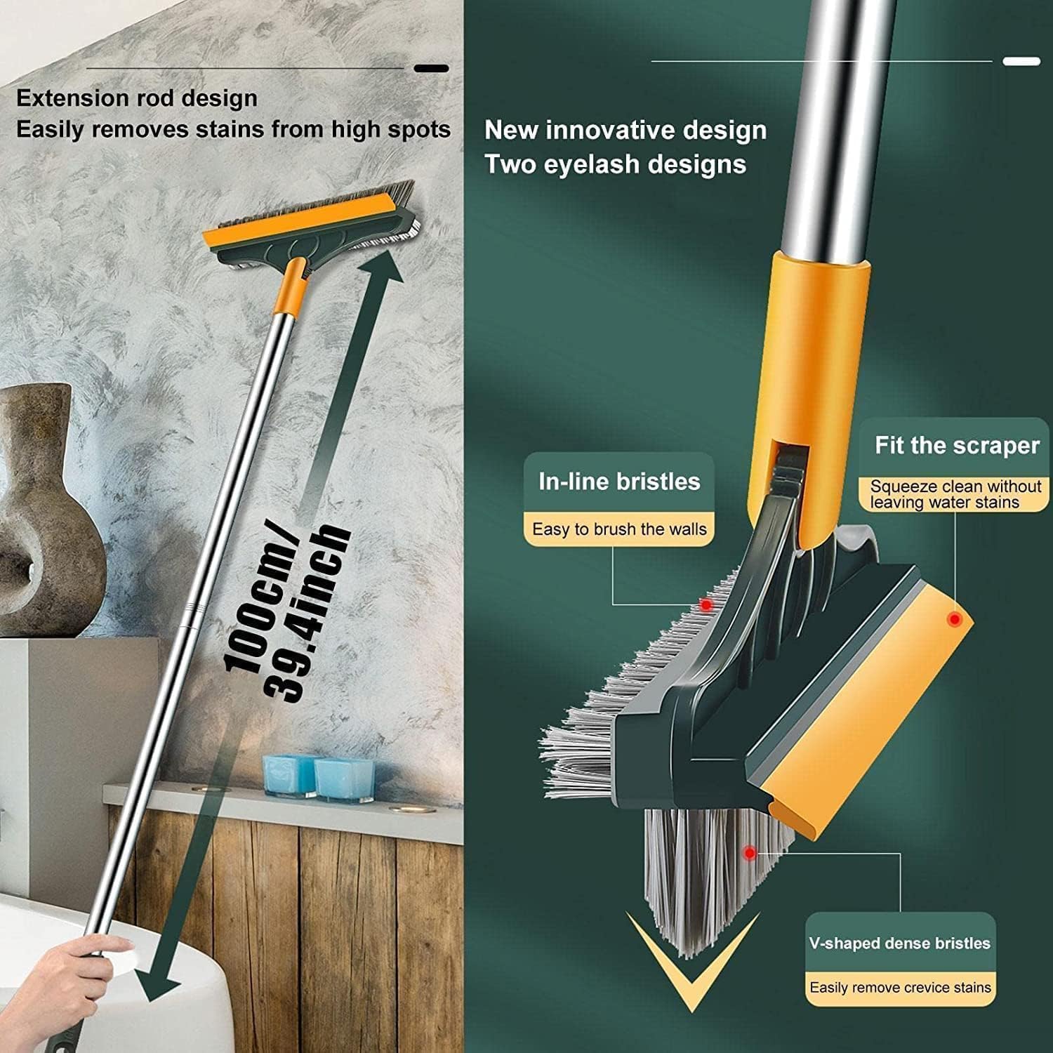 YETI 3-in-1 Bathroom Cleaning Brush with Wiper - Bathroom Cleaning Brush Long Handle 180&deg; Rotate Toilet Brush Bathroom T