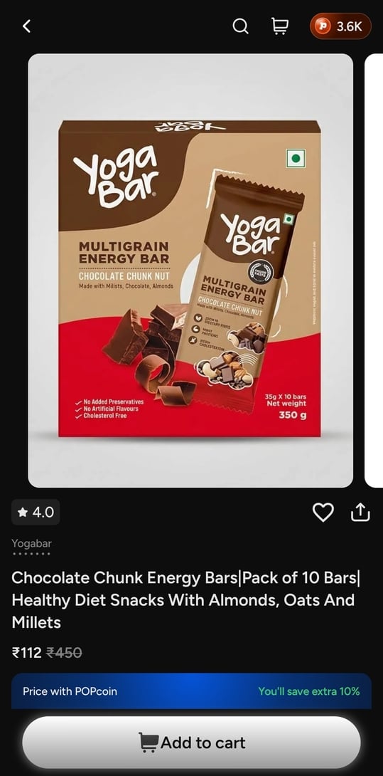 Yogabar Chocolate chunk bar at discount