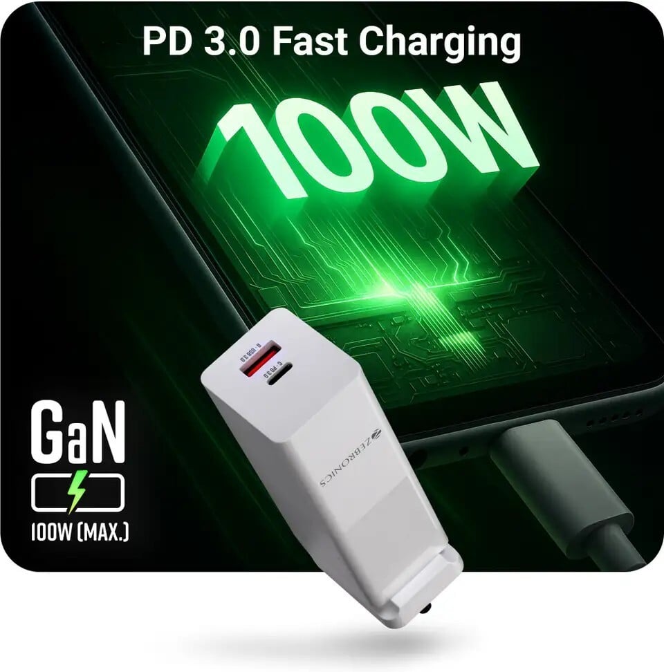 ZEBRONICS 100 W GaN 2.4 A Dual Port Mobile Charger with Detachabl