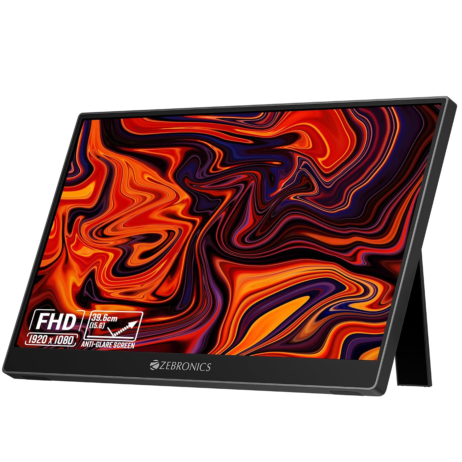 Zebronics 15.6" Portable Monitor, FHD 1080p, 60° Adjustable Stand, 16:9 Aspect Ratio, 250Nits, 16.7M Colors, Type-C PD I
