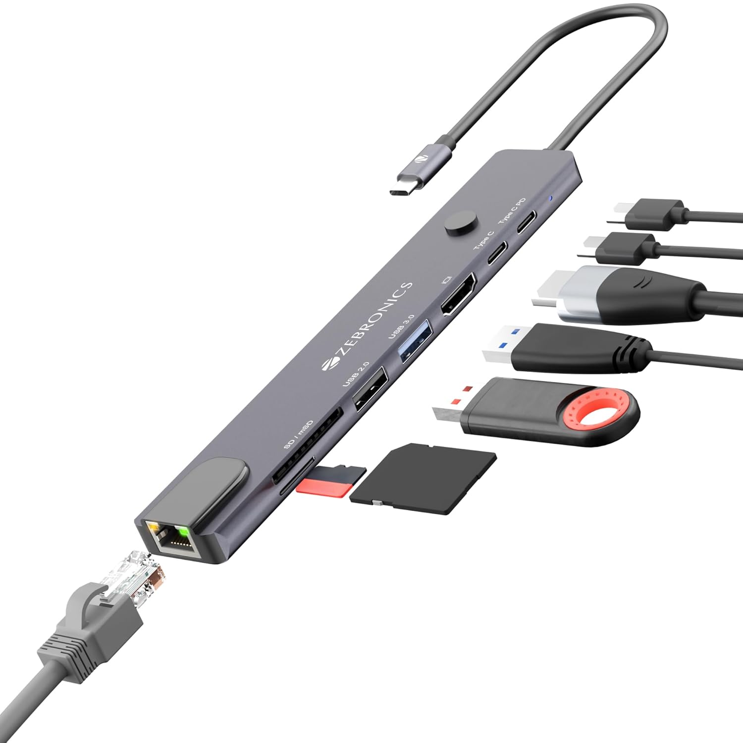 Zebronics 8-in-1 Type-C Multiport Hub, 100W PD Support, 5Gbps Data Transfer, HDMI 1.4 (4K@30Hz) with On/Off Button