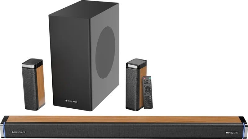 ZEBRONICS Juke Bar 9530 Dolby Audio Wired Subwoofer & Dual Rear Satellites, Wooden Finish 550 W Bluetooth Soundbar (Blac