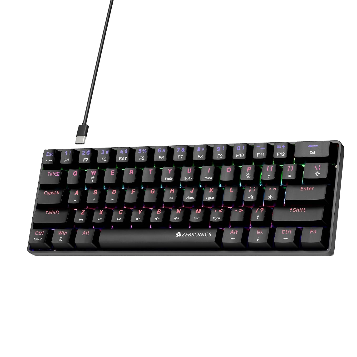 Zebronics Mechanical Keyboard, Silent Linear Red Switches, 61 Keys Layout, 26 Key Anti Ghosting, Double Shot Keycaps, 17