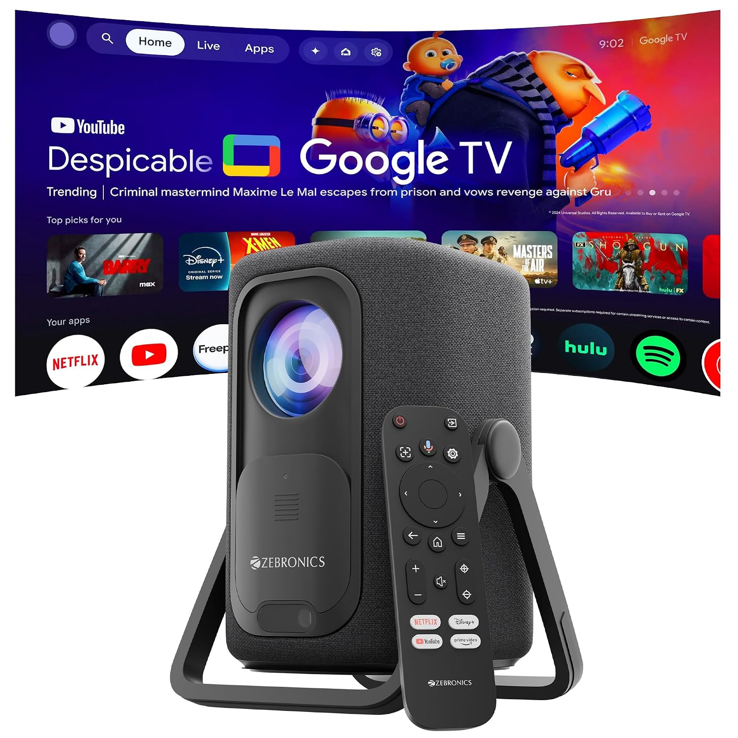 Zebronics Official Google TV Projector, 7500 Lumens, 4K Support, 200" Display, Auto Focus & Keystone