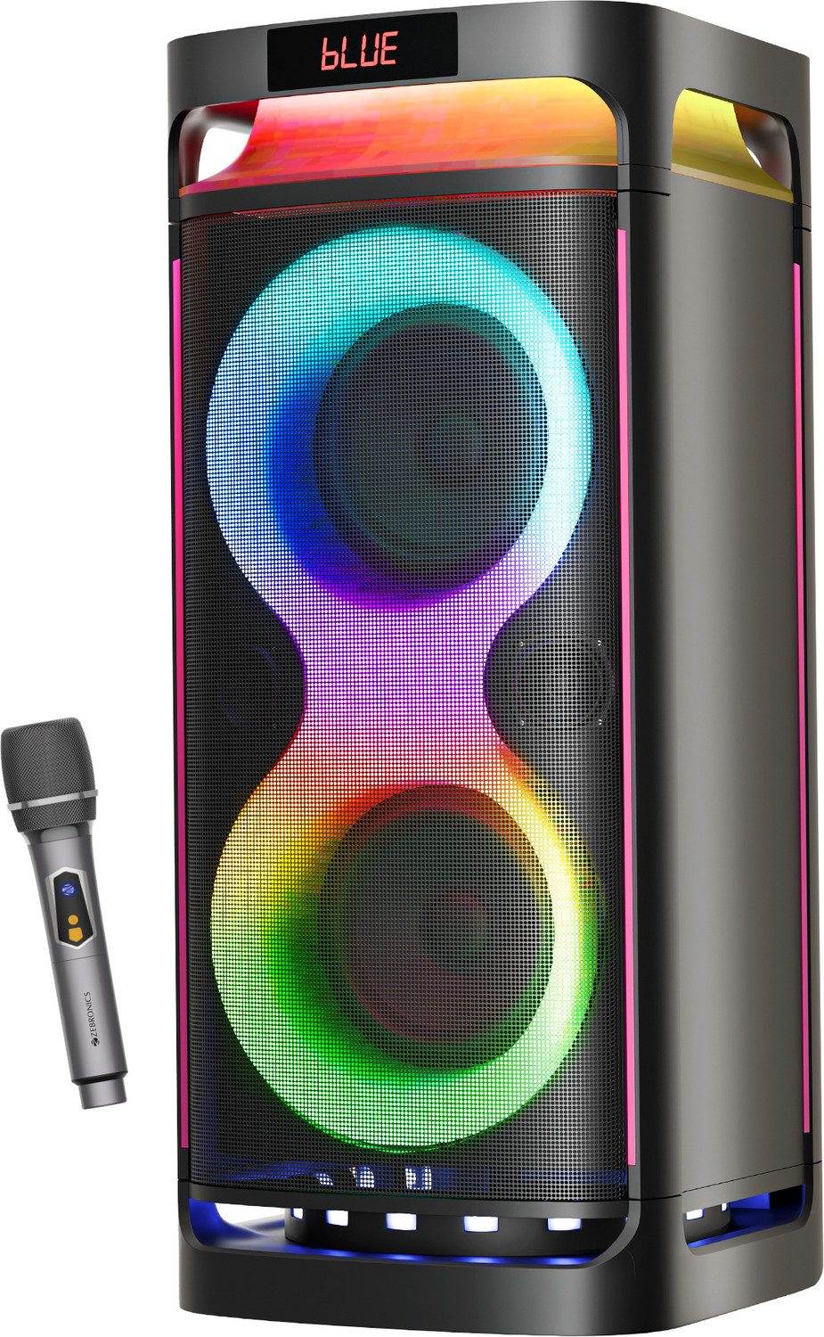 ZEBRONICS Party Fyre 500, 7hrs Playback with RGB, Wireless Mic, TWS, USB, AUX, 140 W Bluetooth Party Speaker (Black, Mon