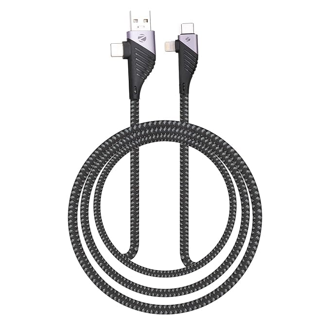Zebronics UCLC65B 65 Watts PD Fast charging 4 in 1 cable with USB/Type C to Type C/Lightning connector, 1 meter braided