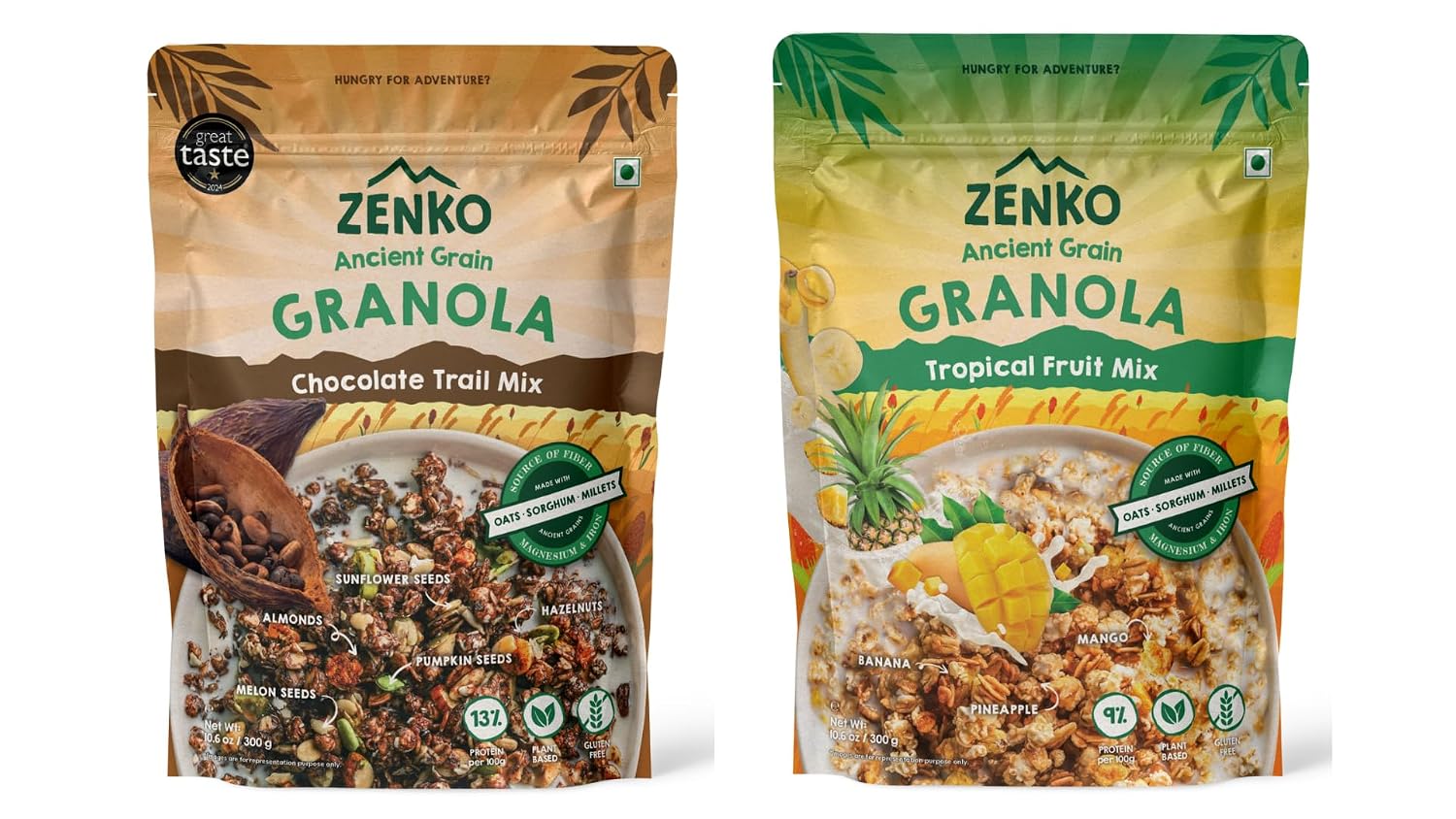 Zenko Ancient Grain Granola, Chocolate Trail Mix & Tropical Fruit Mix, 300g Each, Pack of 2