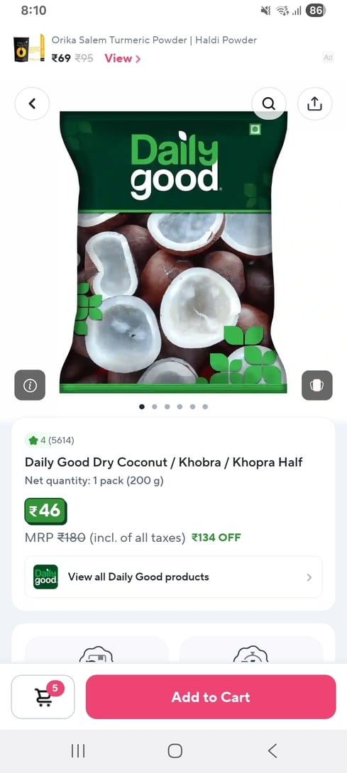 Zepto: Dry coconut at Rs 46 for 200gm
