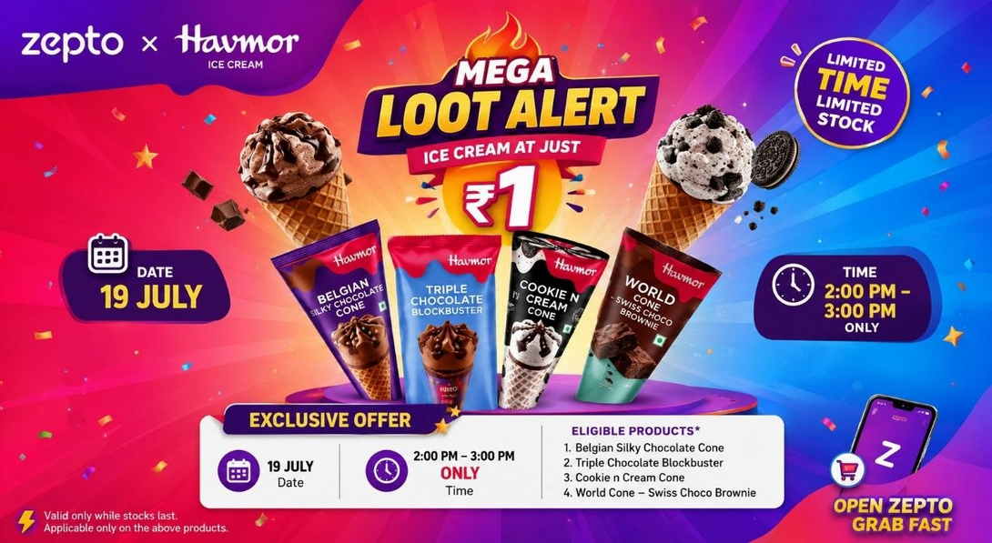 Zepto: Havmor Ice Creams @ Rs. 1 Only | Today 2 PM-3 PM | Limited Stock