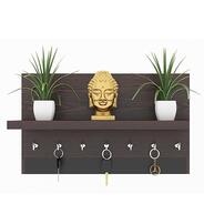 Wall Mounted Key Holder Shelf with 7 Hooks, Black Wood Finish, Space-Saving Design (BROWN)