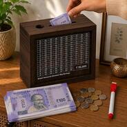Brown Money Saving Box for Kids and Adults with Marker | Wooden Money Bank with Lock | Big Size Piggy Bank