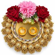 Decorative Pooja Thali 8 Inch with Pink Flowers & Gold Beads for Diwali, Karwa Chauth, Raksha Bandhan & Wedding Rituals
