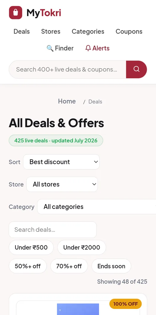 All Deals screen with live deal count, price and discount filters