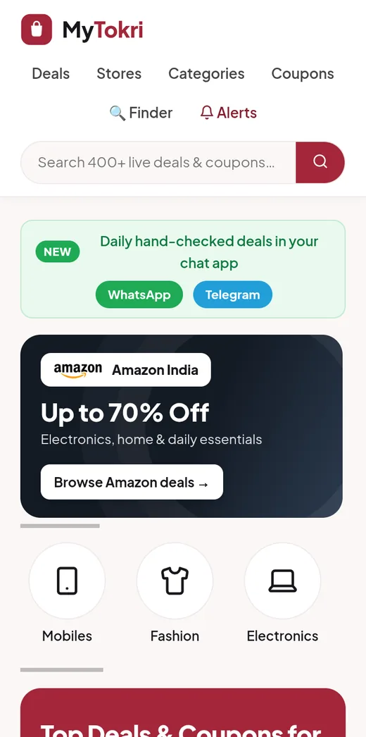 MyTokri app home screen with hand-picked deals and top categories