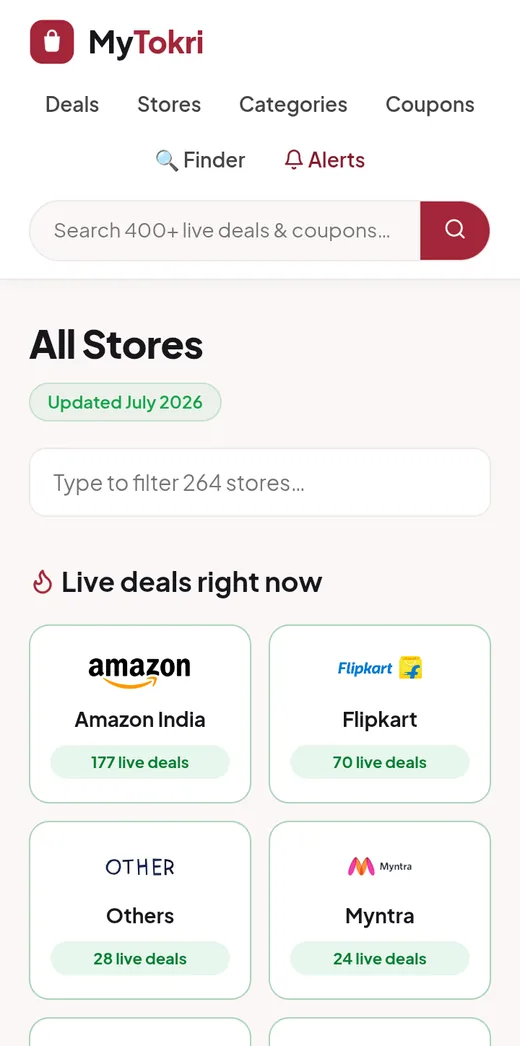Store directory screen with Amazon, Flipkart and more Indian stores